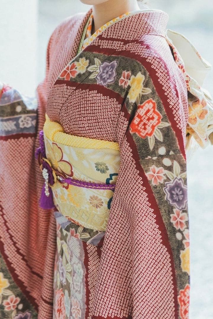 総絞り　桜　熨斗　振袖　成人式　フルセット　正絹　赤