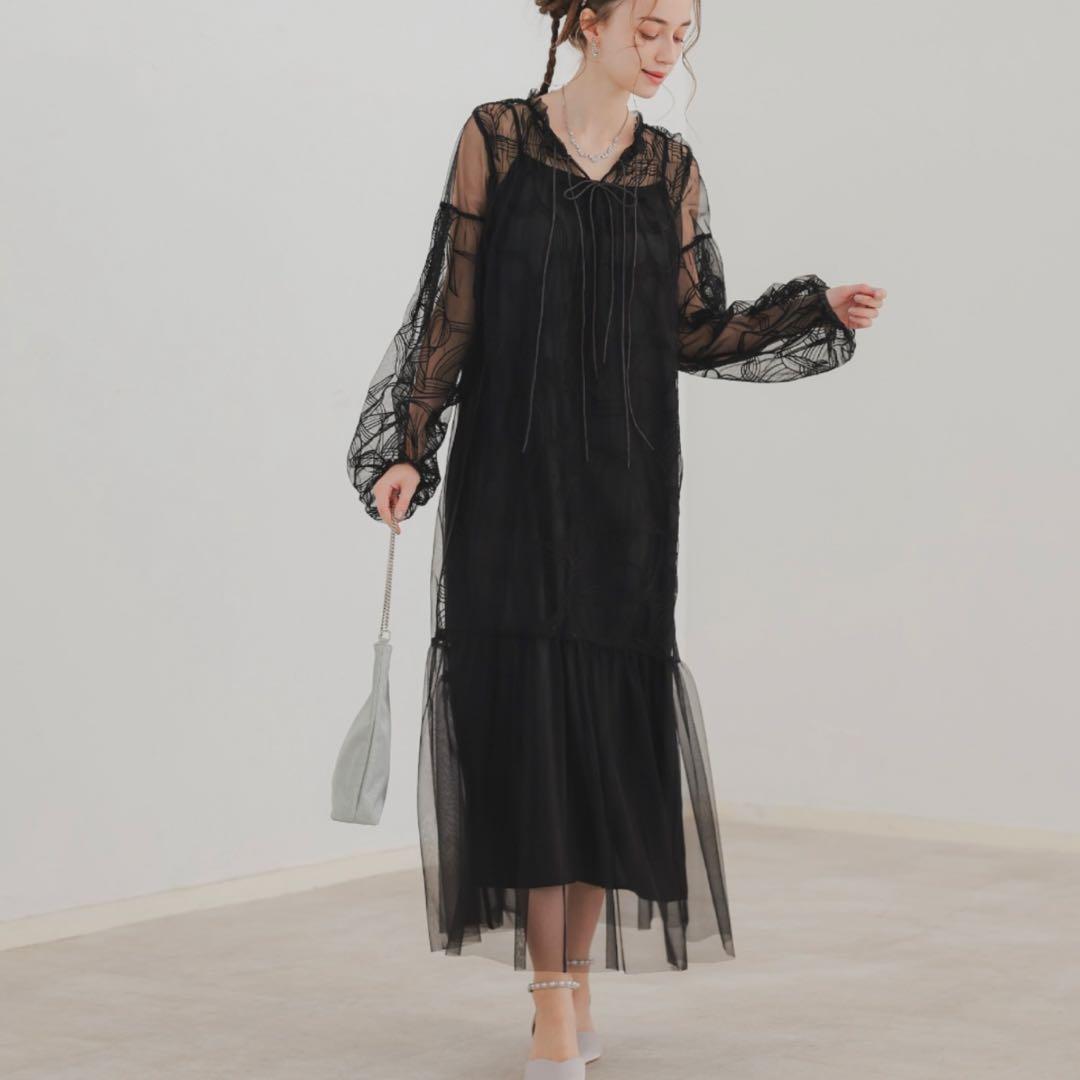 リボン刺繍ギャザードレス Dorry Doll チャコール