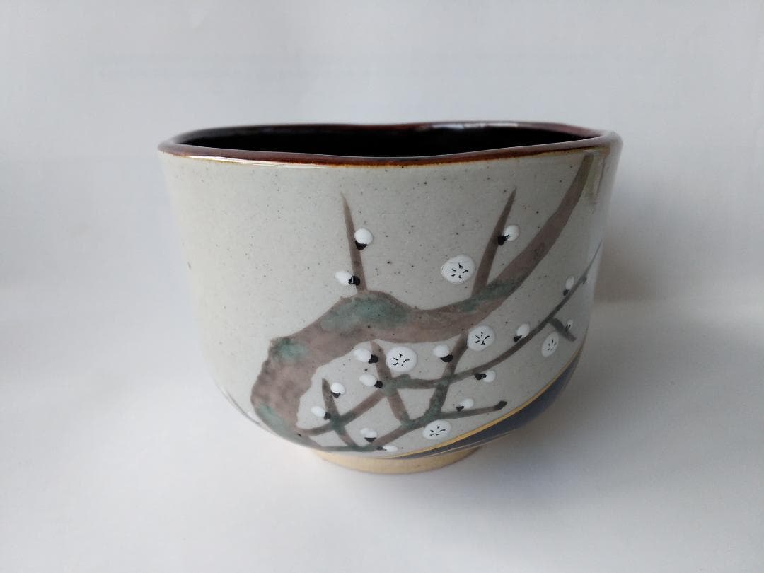 アサボン膳所焼淡海ぜぜ 陽炎園 岩崎新定 色絵 水と紅白梅 茶碗共箱 新品