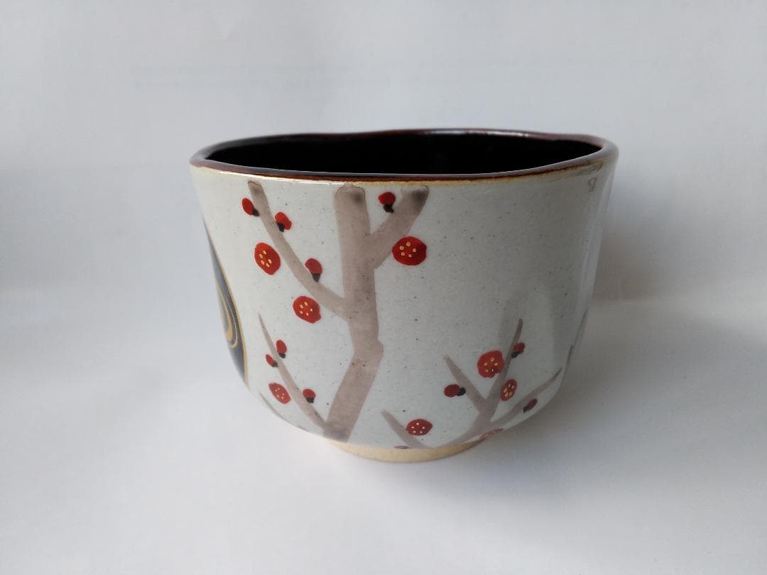 アサボン膳所焼淡海ぜぜ 陽炎園 岩崎新定 色絵 水と紅白梅 茶碗共箱 新品