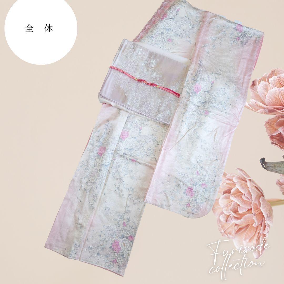 振袖フルセット　ベビーピンク　ラメ小花薔薇柄　大人かわいい　成人式　卒業式