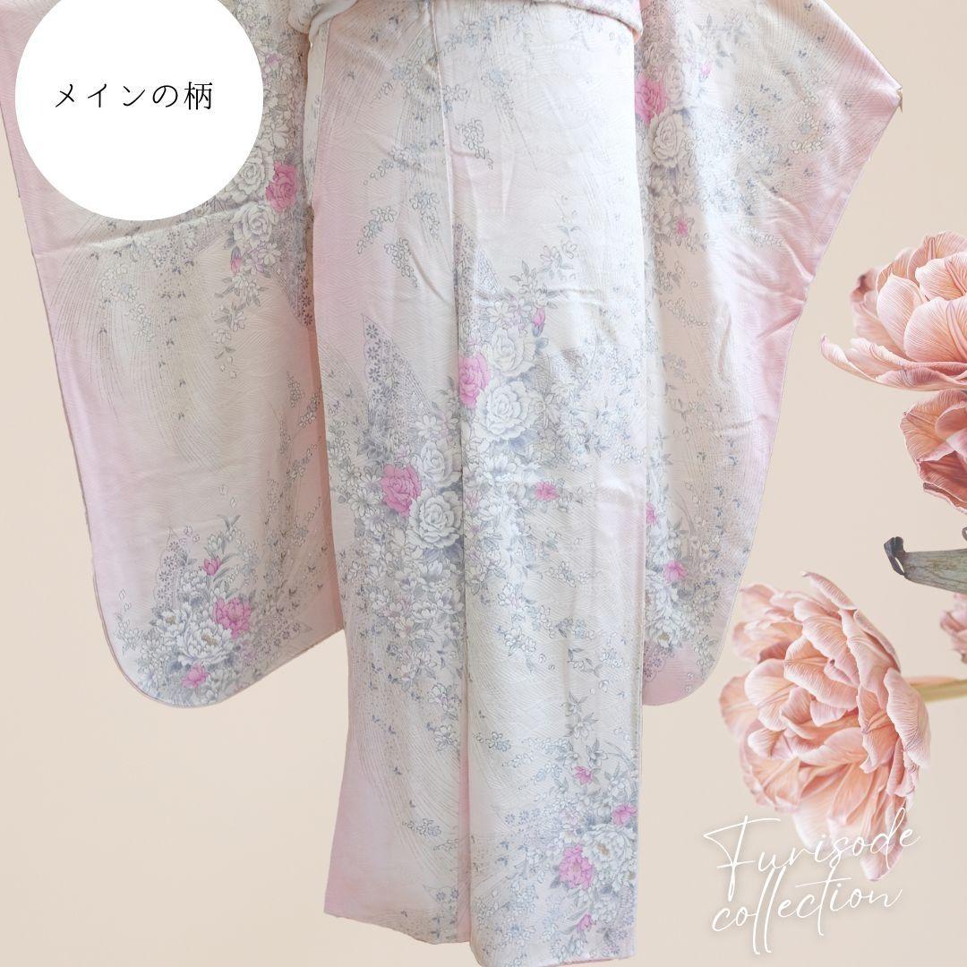 振袖フルセット　ベビーピンク　ラメ小花薔薇柄　大人かわいい　成人式　卒業式