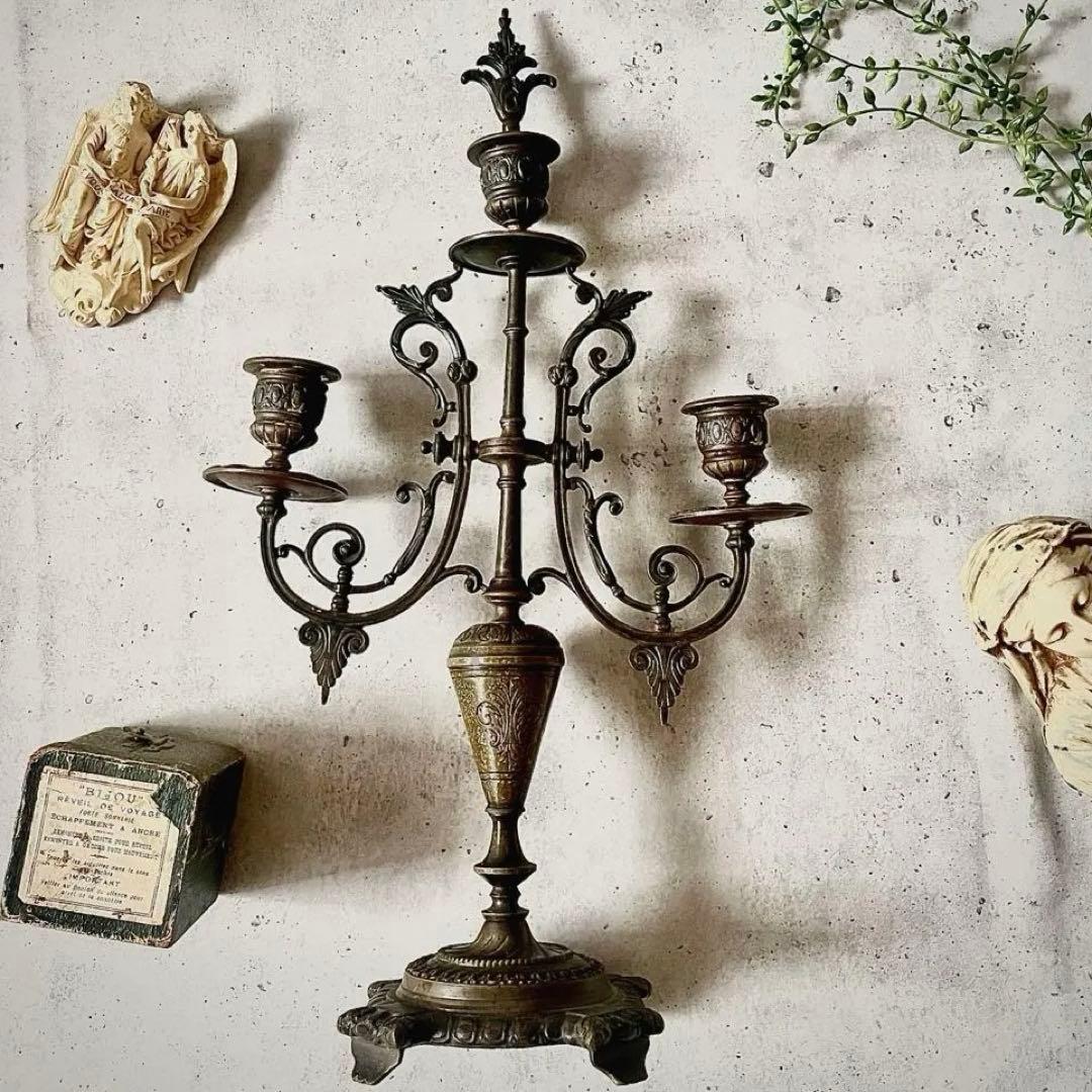 フランスアンティーク♪装飾刻印 キャンドルスタンド 3灯金属製