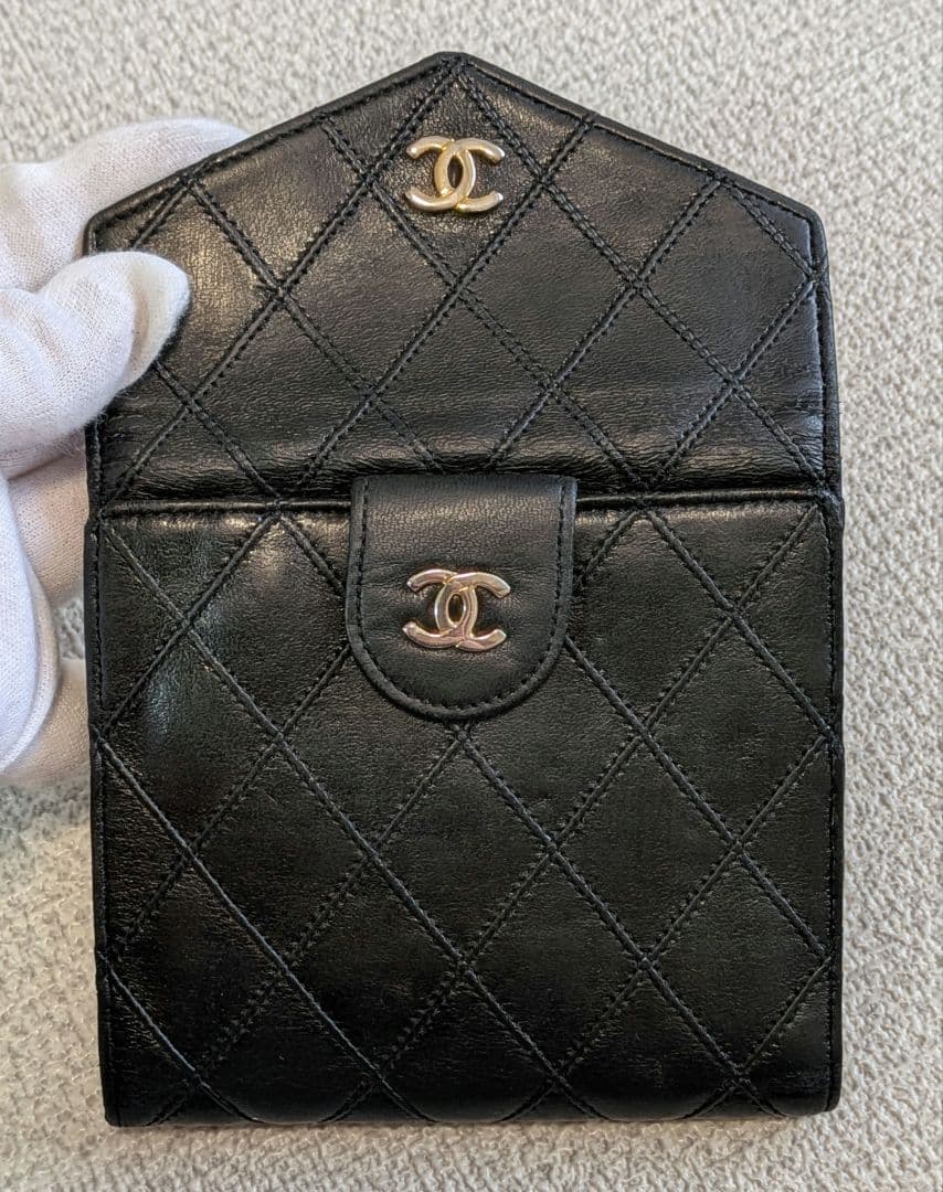 シャネル　黒　ビコローレ　Wホック折り財布　ラムスキン　チェーン　ショルダー