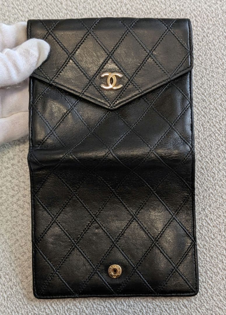 シャネル　黒　ビコローレ　Wホック折り財布　ラムスキン　チェーン　ショルダー