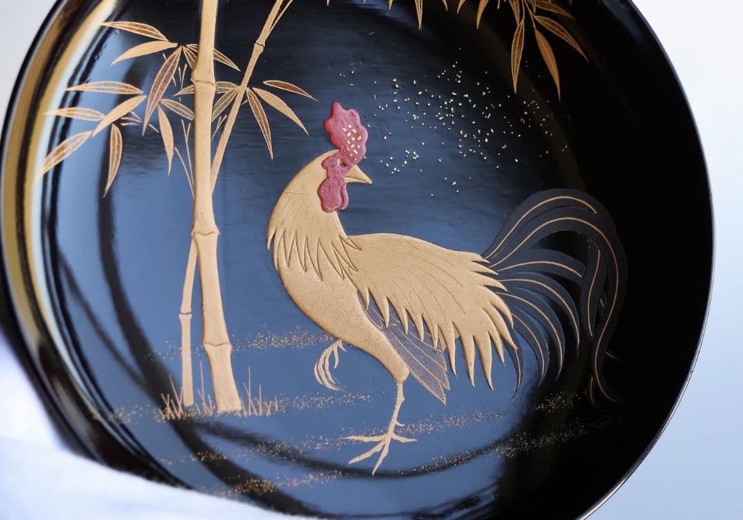 【CM352】時代蒔絵椀 竹に鶏金蒔絵 平椀二客 木製 /(検) 輪島塗加賀能登