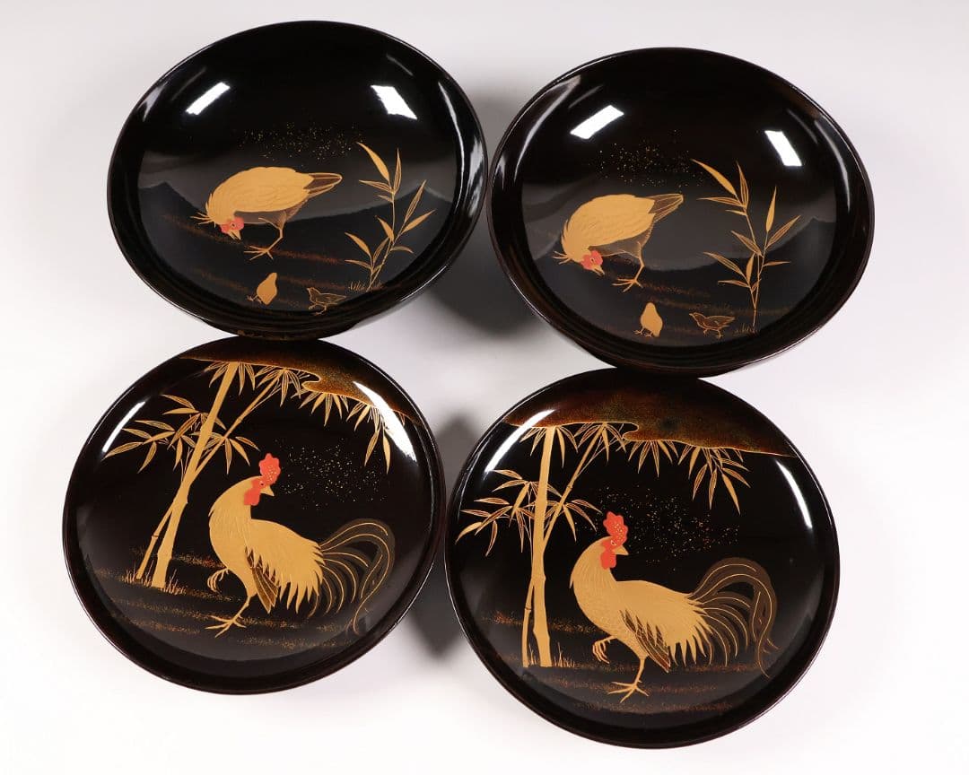【CM352】時代蒔絵椀 竹に鶏金蒔絵 平椀二客 木製 /(検) 輪島塗加賀能登