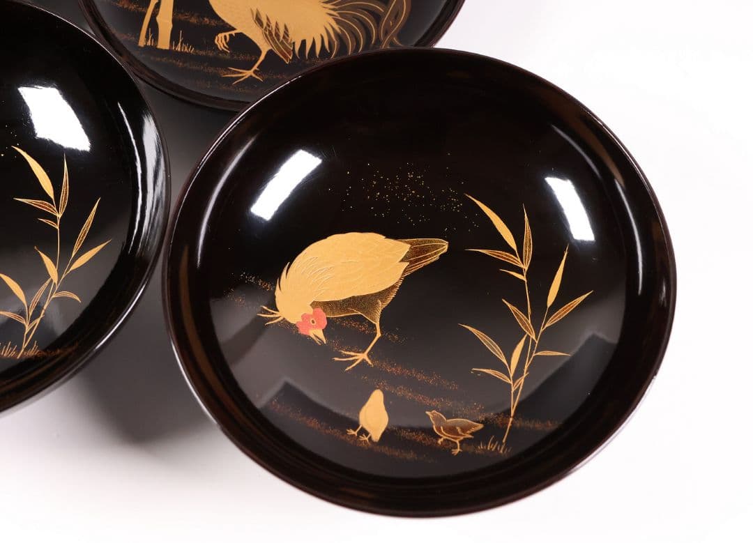 【CM352】時代蒔絵椀 竹に鶏金蒔絵 平椀二客 木製 /(検) 輪島塗加賀能登