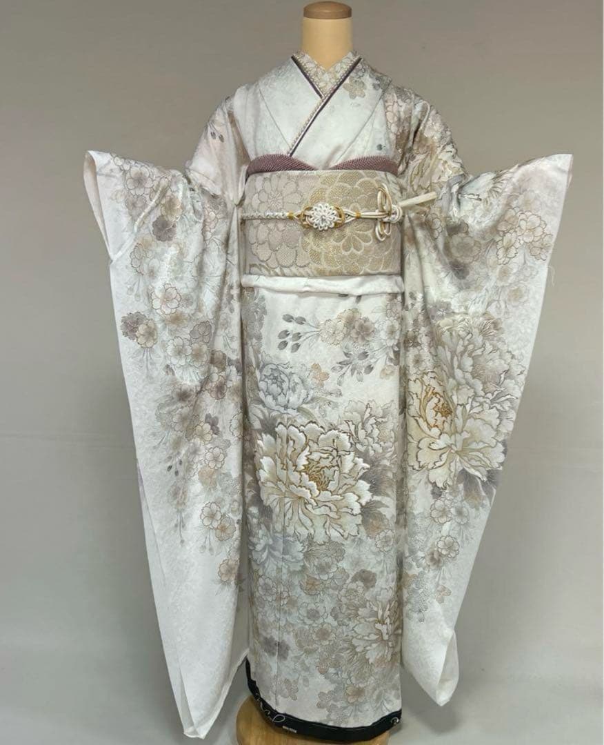 シルク製 花柄 振袖 白