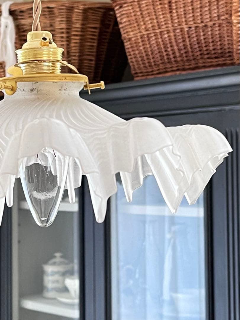 【美品】フランスアンティーク フリルシェード ランプ すりガラス [3526]