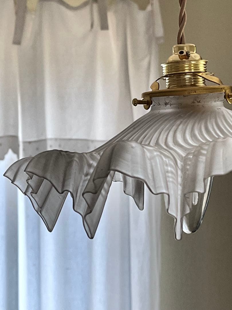 【美品】フランスアンティーク フリルシェード ランプ すりガラス [3526]