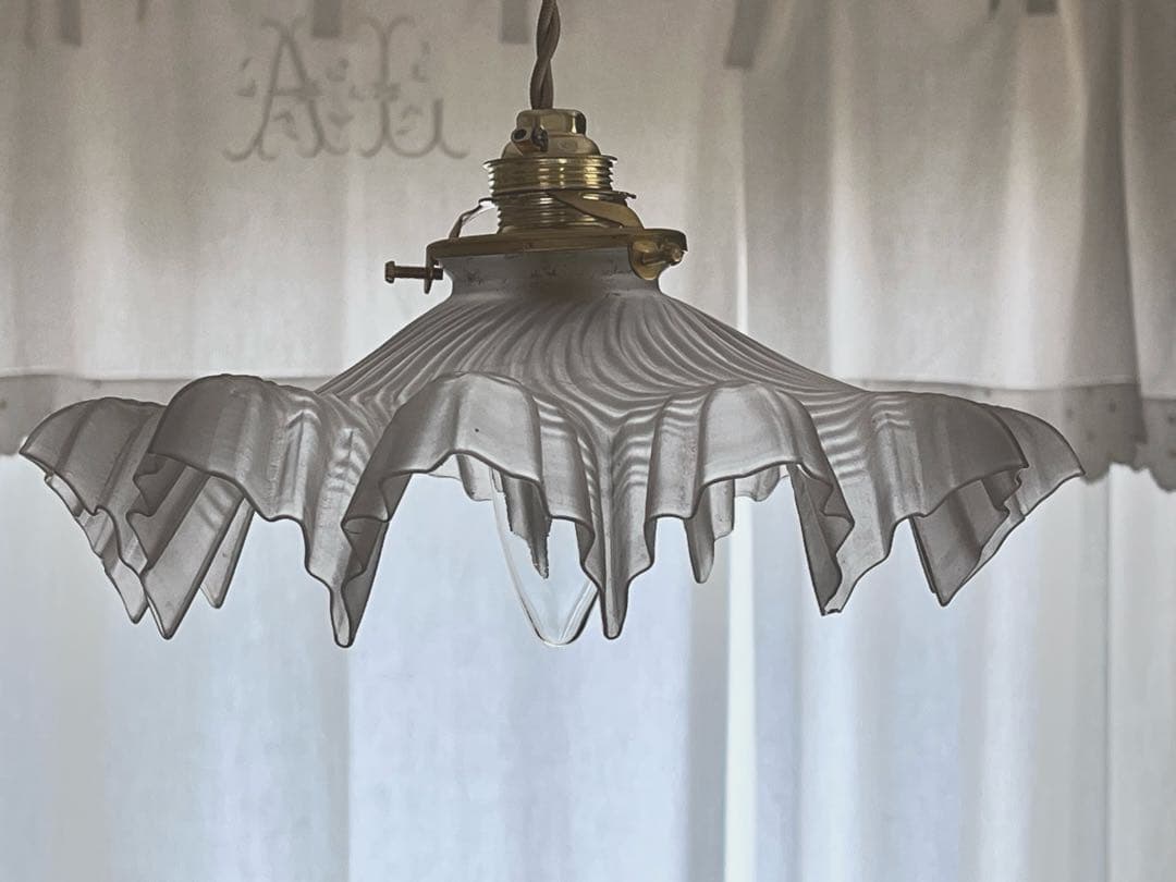 【美品】フランスアンティーク フリルシェード ランプ すりガラス [3526]