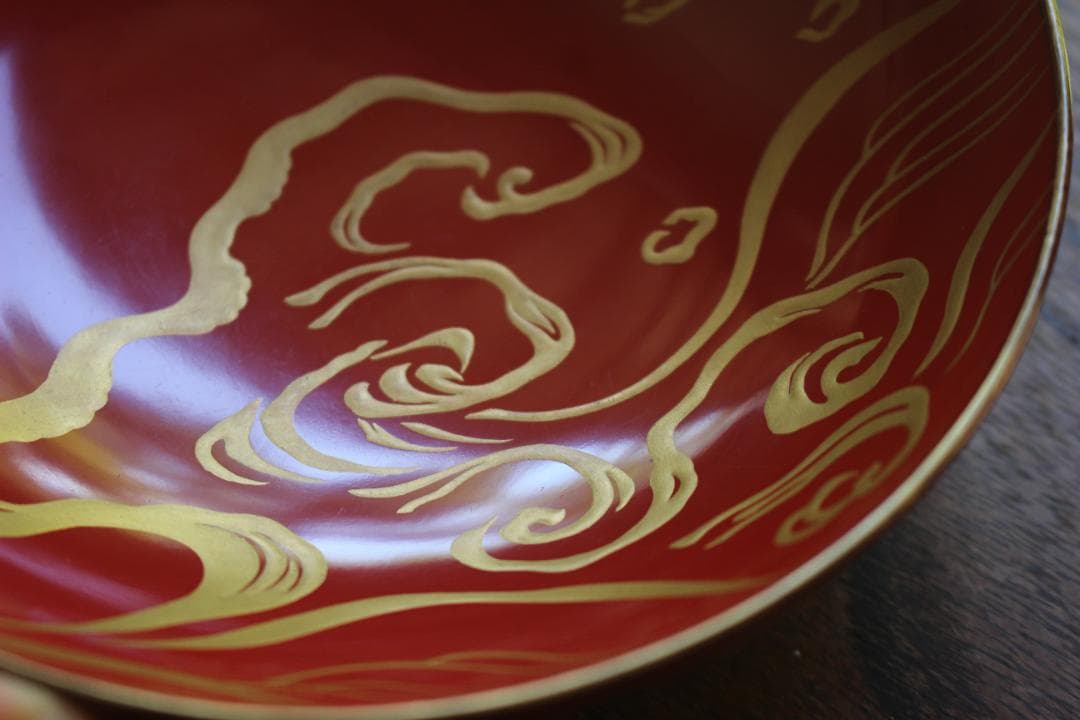 デッドストック！極上金縁朱漆に優美な波千鳥蒔絵のお椀2点（検輪島塗蒔絵椀雑煮椀