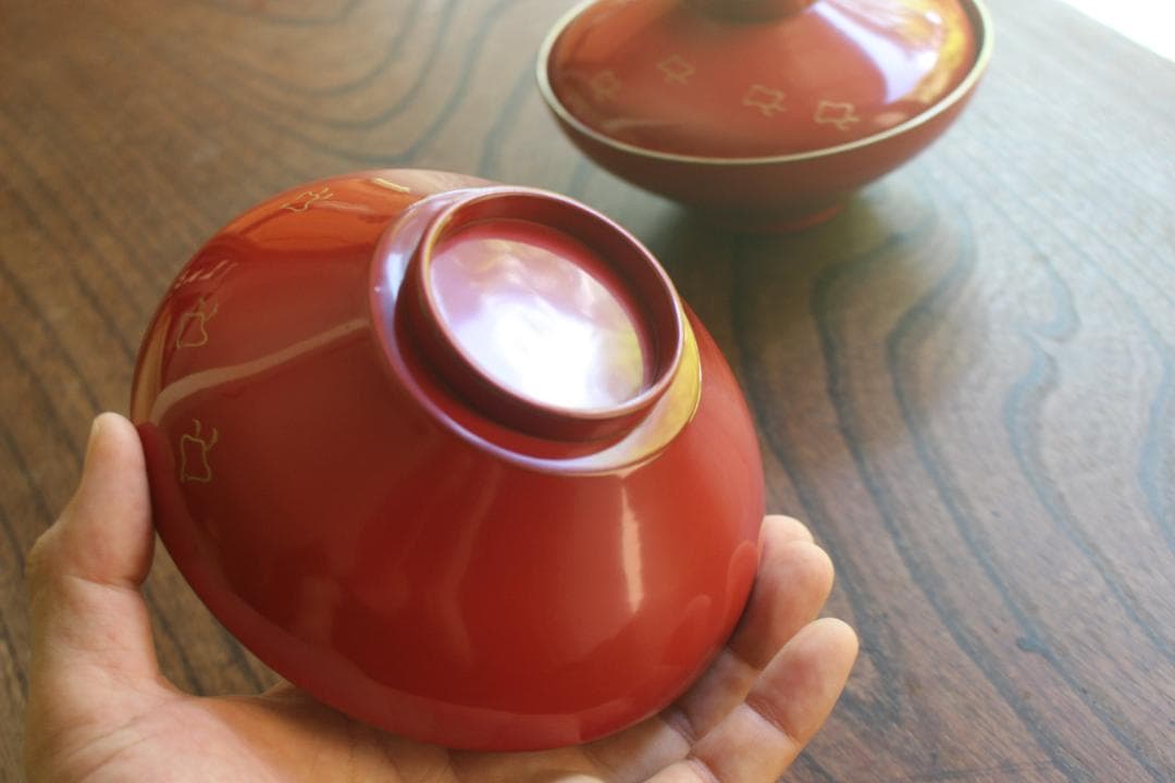 デッドストック！極上金縁朱漆に優美な波千鳥蒔絵のお椀2点（検輪島塗蒔絵椀雑煮椀