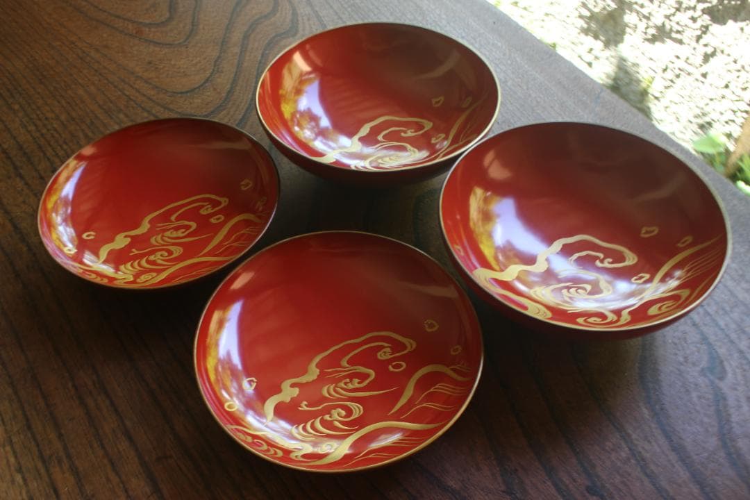 デッドストック！極上金縁朱漆に優美な波千鳥蒔絵のお椀2点（検輪島塗蒔絵椀雑煮椀
