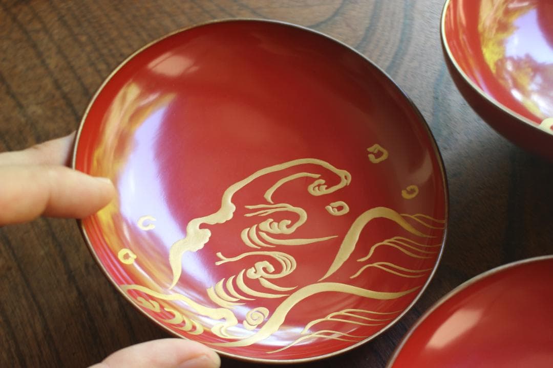 デッドストック！極上金縁朱漆に優美な波千鳥蒔絵のお椀2点（検輪島塗蒔絵椀雑煮椀