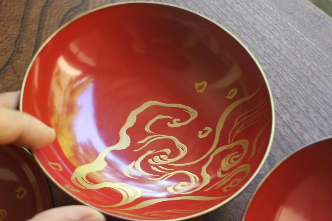 デッドストック！極上金縁朱漆に優美な波千鳥蒔絵のお椀2点（検輪島塗蒔絵椀雑煮椀