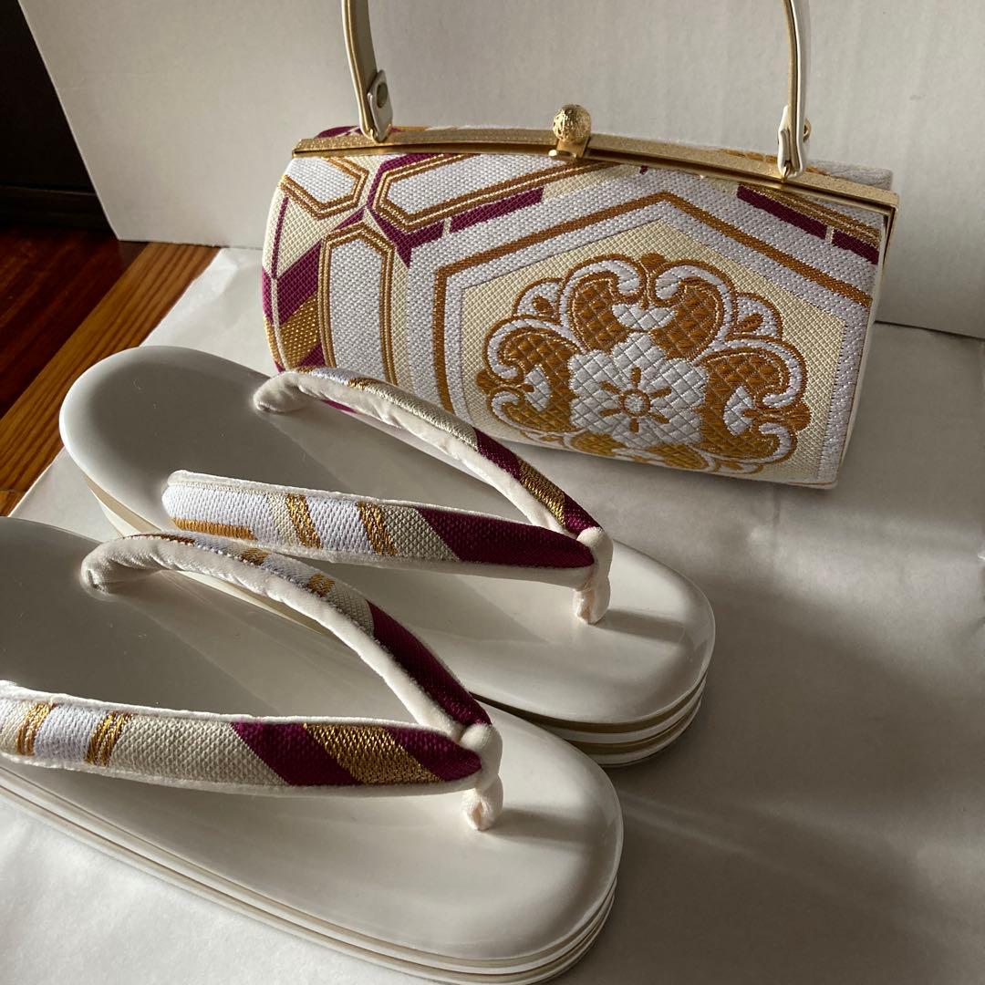 美品　和装 草履バッグセット 振袖用 帯地 金×白×紫