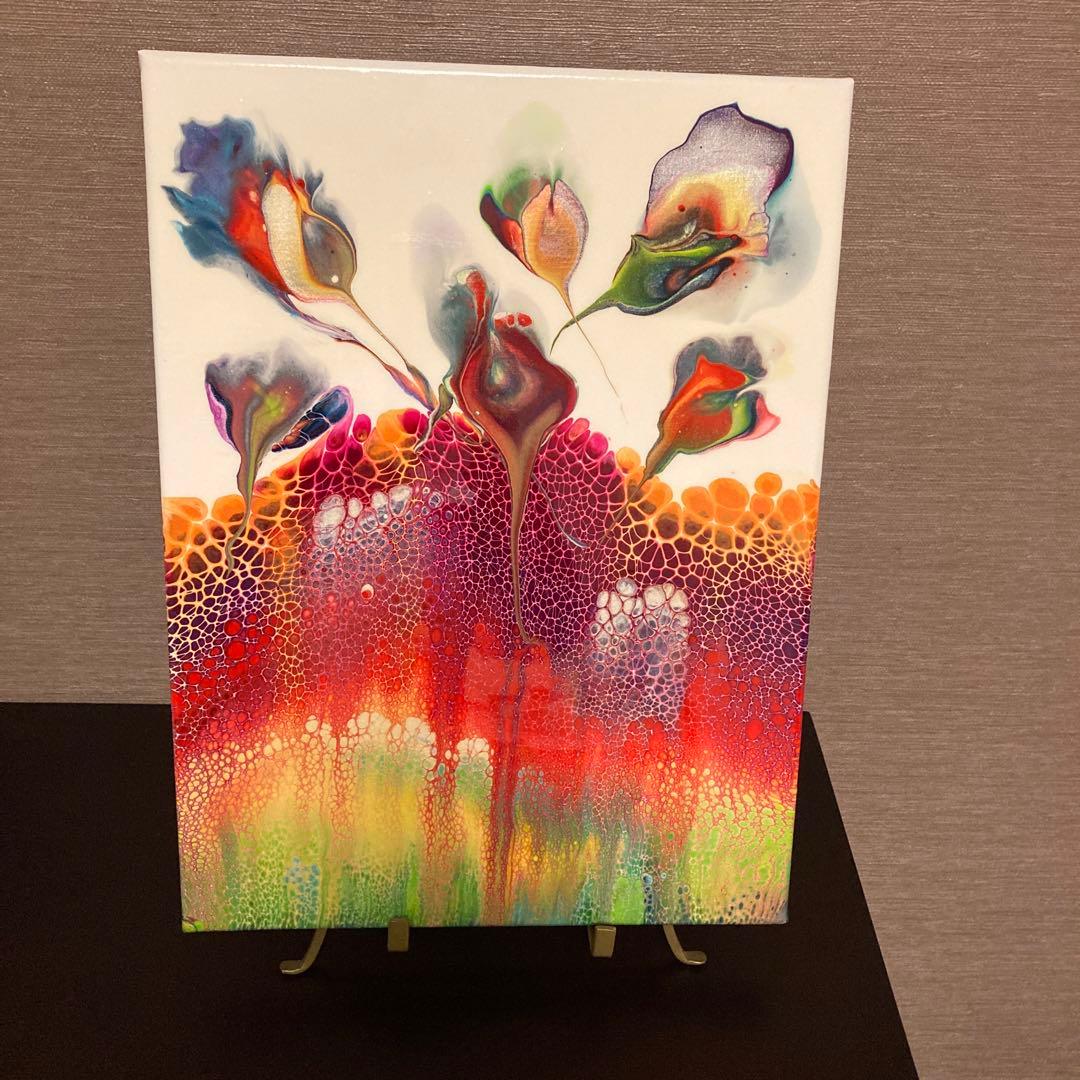 送料込み アクリルペイントアート 絵画 ラメ 赤 オレンジ