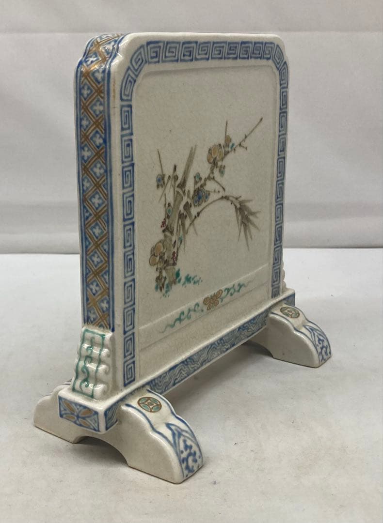 B441b「色絵山水・竹梅図硯屏」清水焼　京焼　文房具