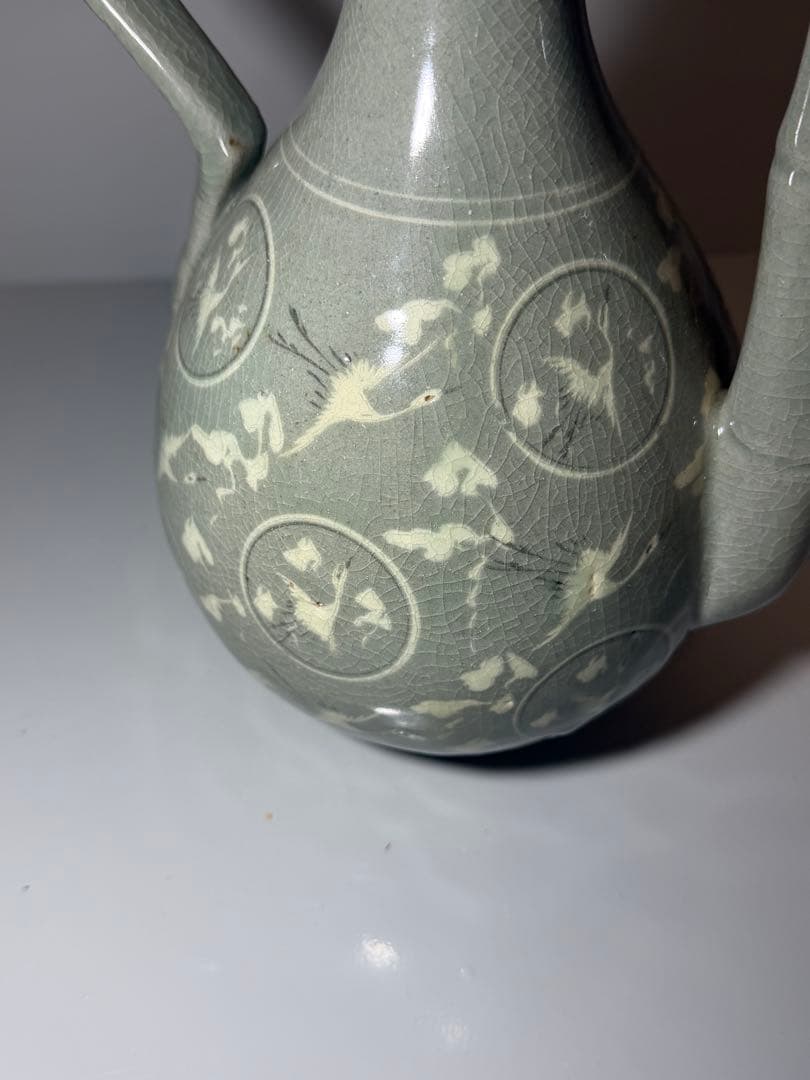 古美術】高麗青磁 象嵌 雲鶴紋 水注 酒器 急須 骨董品 飾壺 青磁