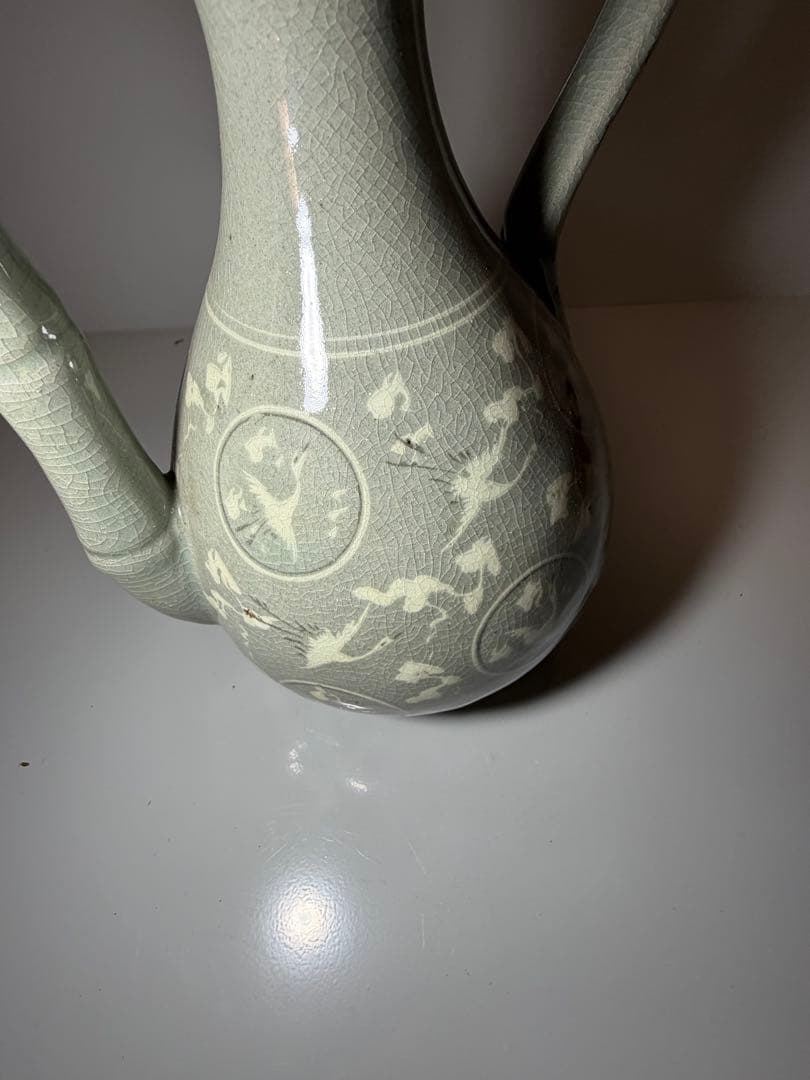 古美術】高麗青磁 象嵌 雲鶴紋 水注 酒器 急須 骨董品 飾壺 青磁