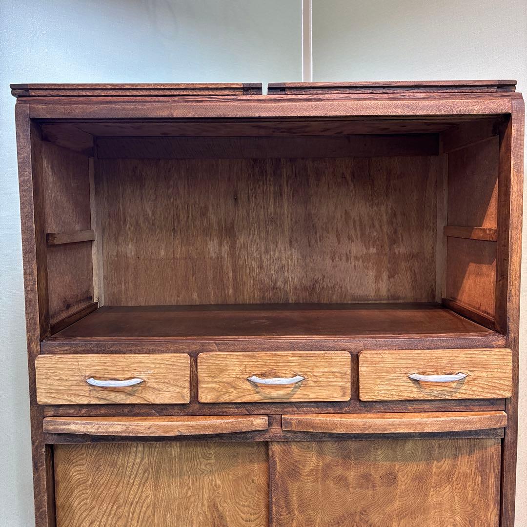 木製食器棚 アンティーク家具 波ガラス レトロ　ラック