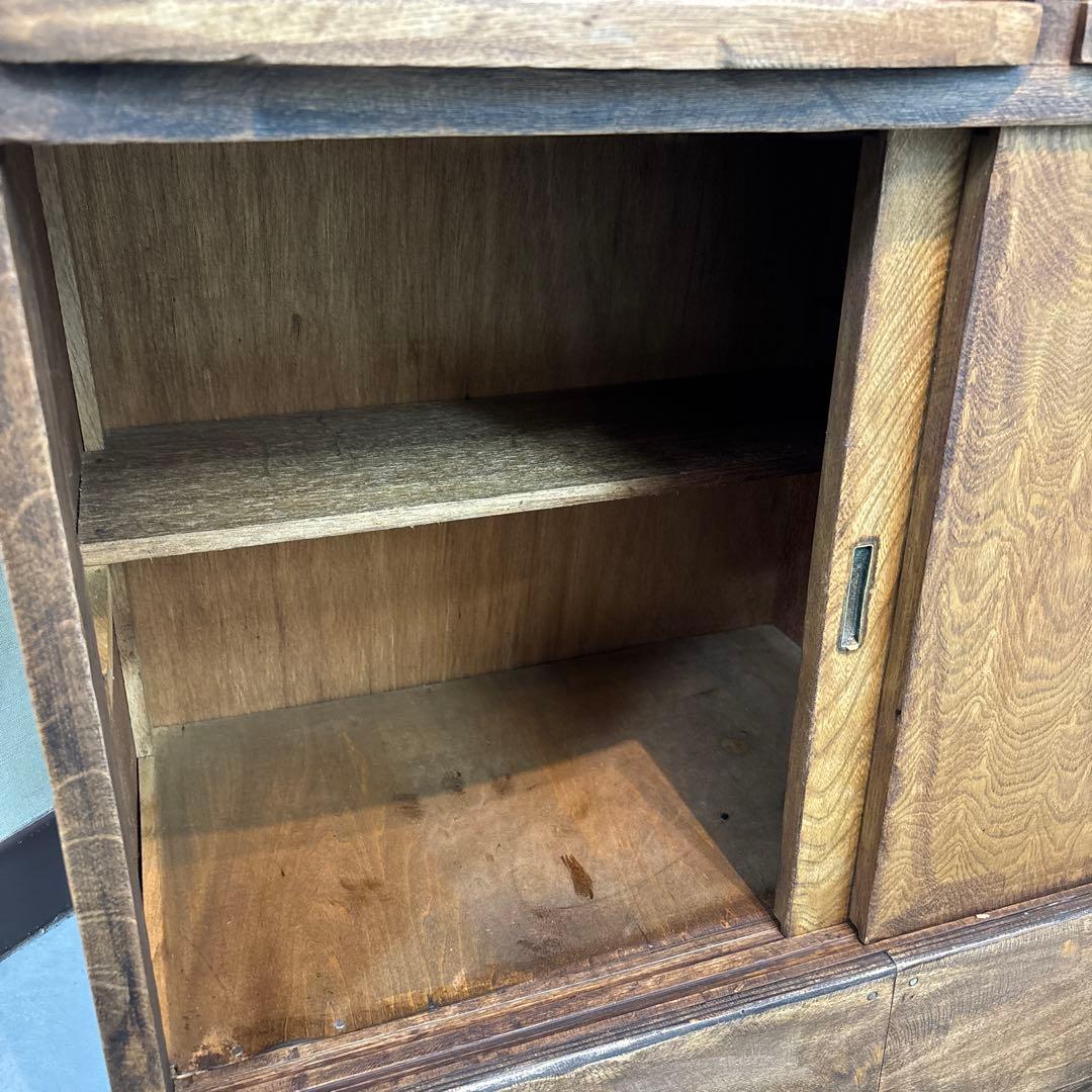 木製食器棚 アンティーク家具 波ガラス レトロ　ラック