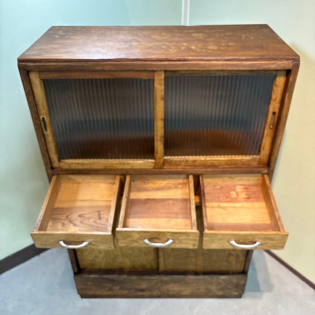 木製食器棚 アンティーク家具 波ガラス レトロ　ラック