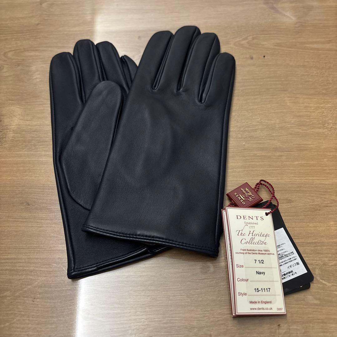 DENTS ネイビー 羊革手袋 シルク裏地　7 1/2 22センチ