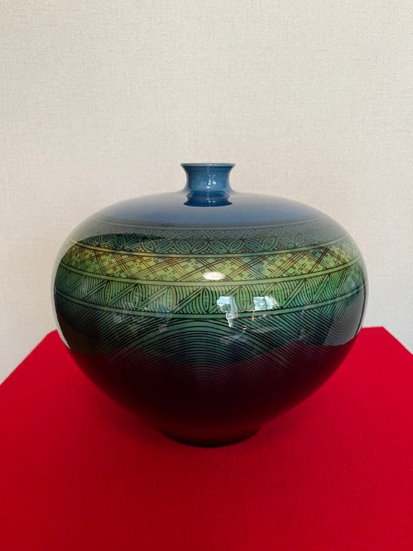 【大型】人間国宝 三代 徳田八十吉（正彦銘）碧明釉 小紋壺 管理T291