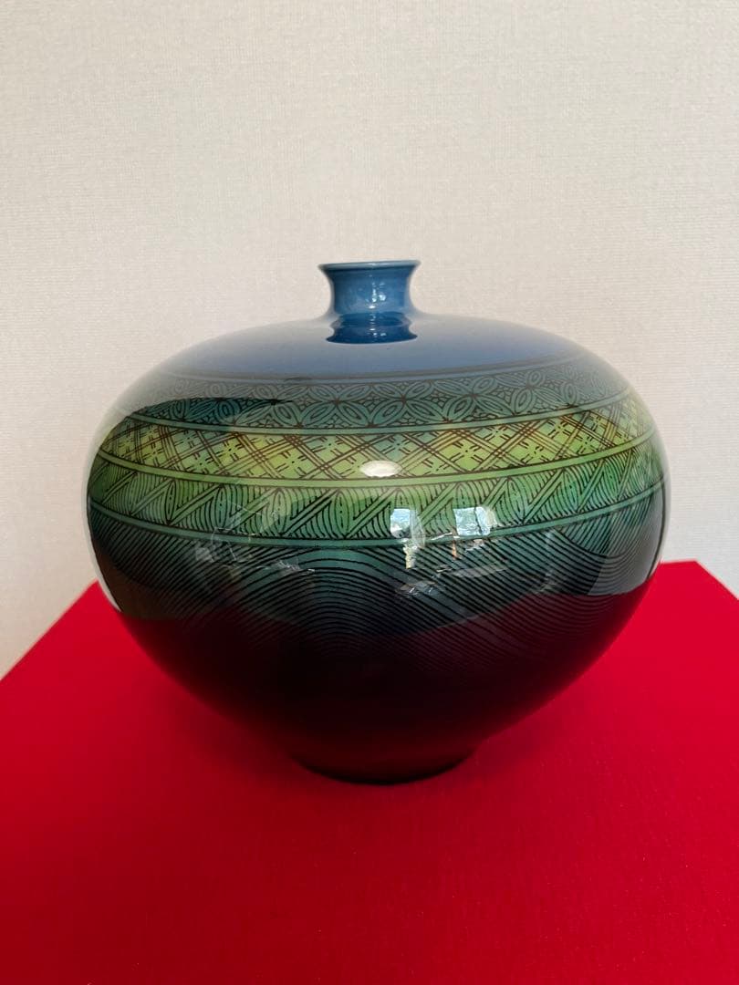【大型】人間国宝 三代 徳田八十吉（正彦銘）碧明釉 小紋壺 管理T291