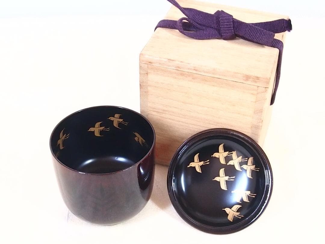 【美品】道場宗廣 溜塗 千鳥蒔絵/水草蒔絵 苫屋棗 なつめ/茶入/薄茶器 漆器