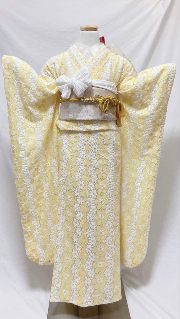 レース花柄 黄色 振袖　振袖フルセット　振袖 成人式　　振袖セット