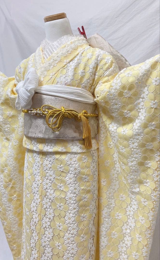 レース花柄 黄色 振袖　振袖フルセット　振袖 成人式　　振袖セット