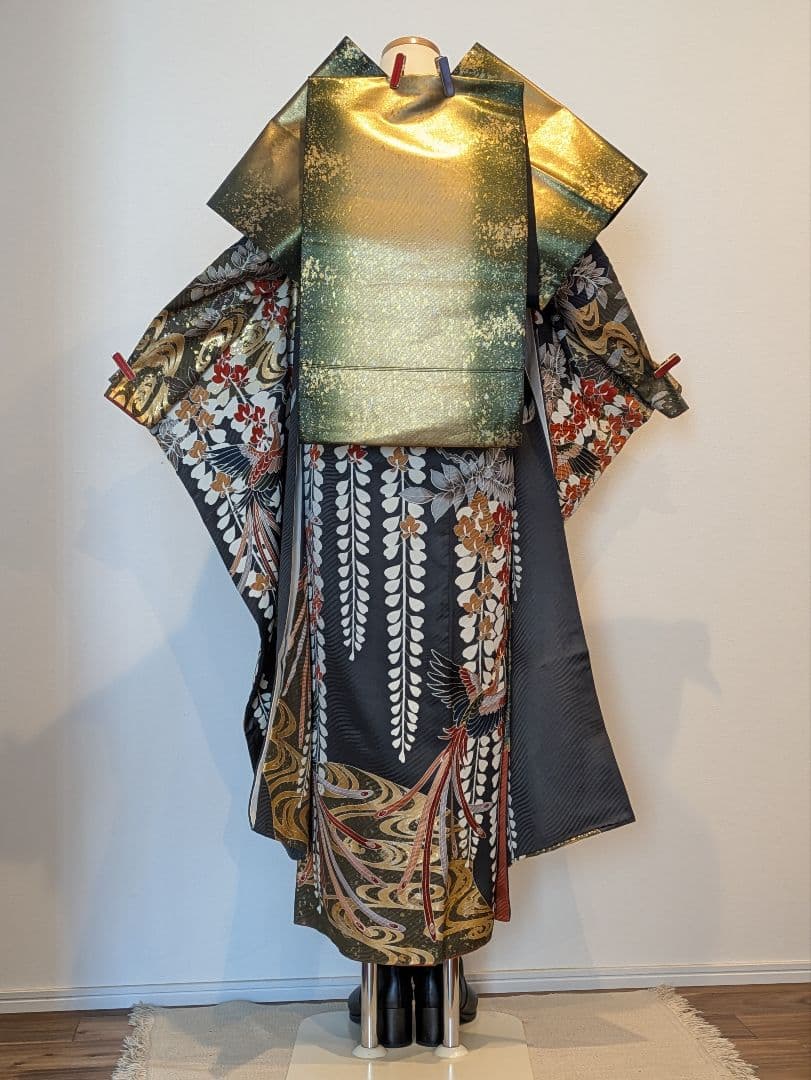振袖フルセット 身丈158裄66.5 黒 グレー 金彩 逸品 成人式