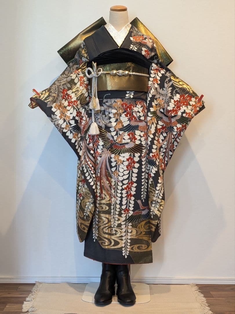 振袖フルセット 身丈158裄66.5 黒 グレー 金彩 逸品 成人式