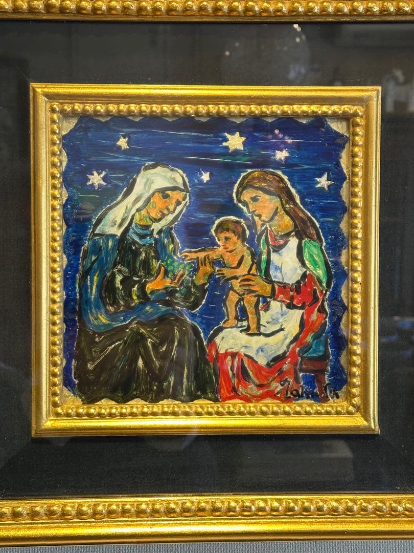 田中忠雄　作　ガラス絵　キリスト教美術　幼な子をかこむマリアとアンナ