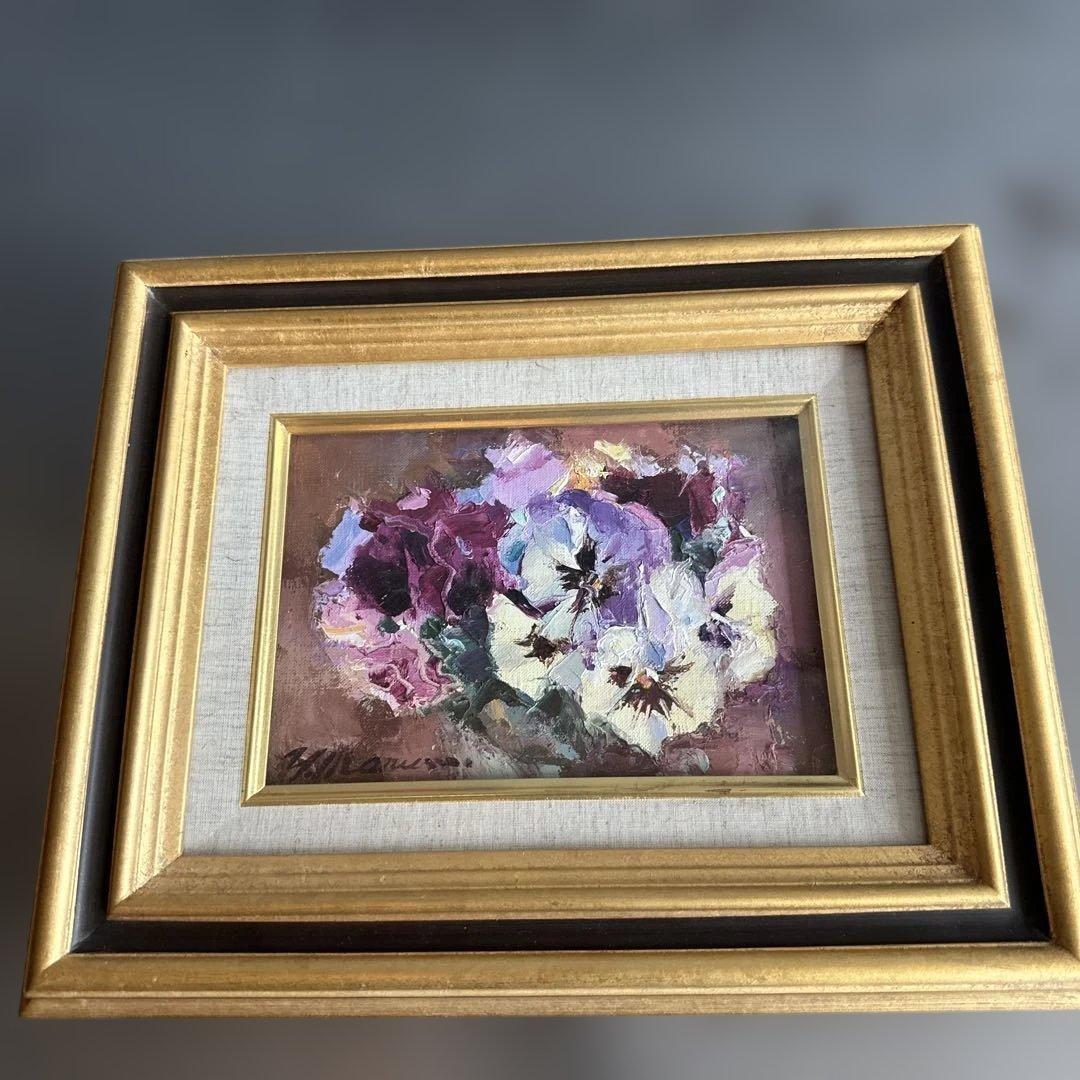 瞬間的お値下げ‼️とても素敵なパンジーの花の油彩画 ゴールドフレーム丸茂義輝