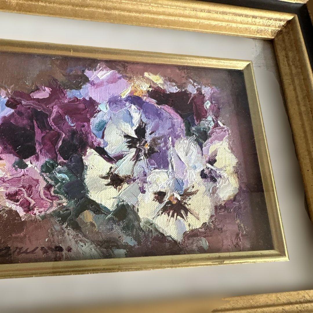 瞬間的お値下げ‼️とても素敵なパンジーの花の油彩画 ゴールドフレーム丸茂義輝