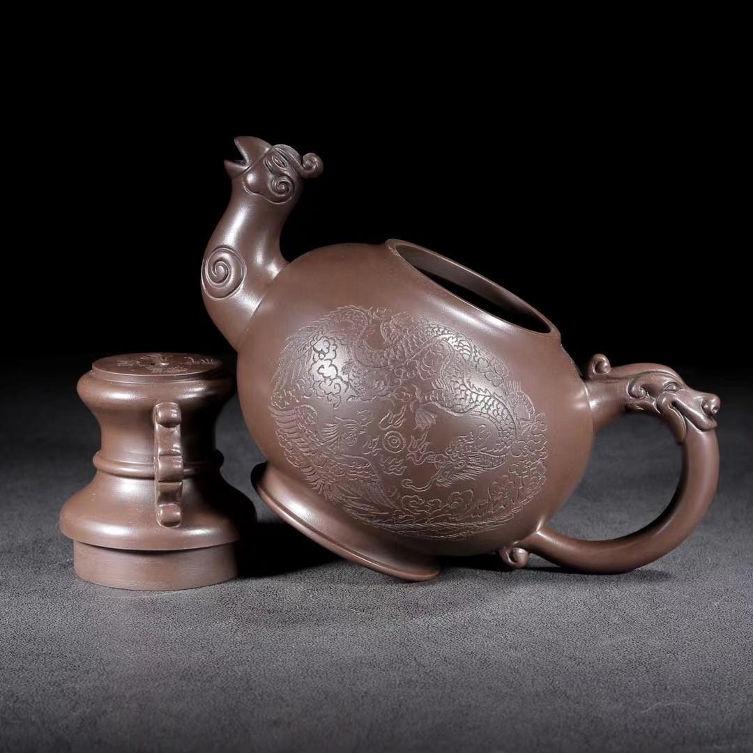 中国古美術・原礦紫泥・陳鳴遠製陶紋・龍鳳吉祥紫砂壺・紫泥急須・茶壺・茶道具・賞物