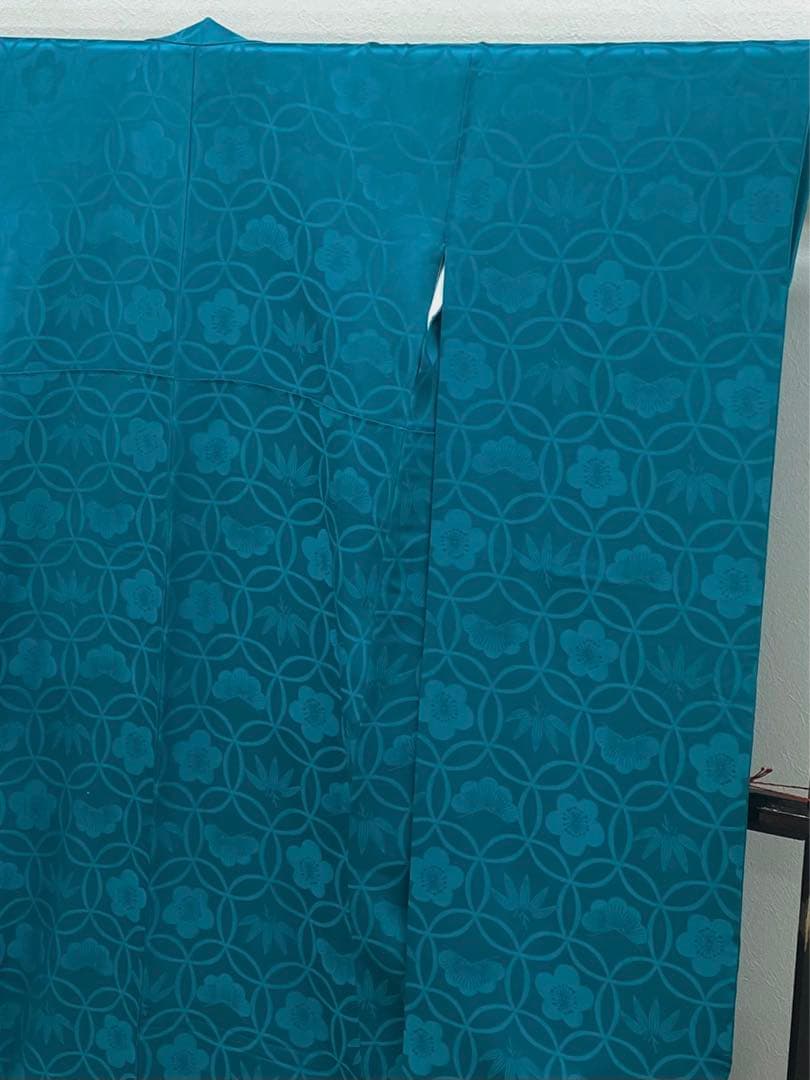 無地振袖 紋意匠 シンプル 青緑系 身丈162cm 撥水加工済み