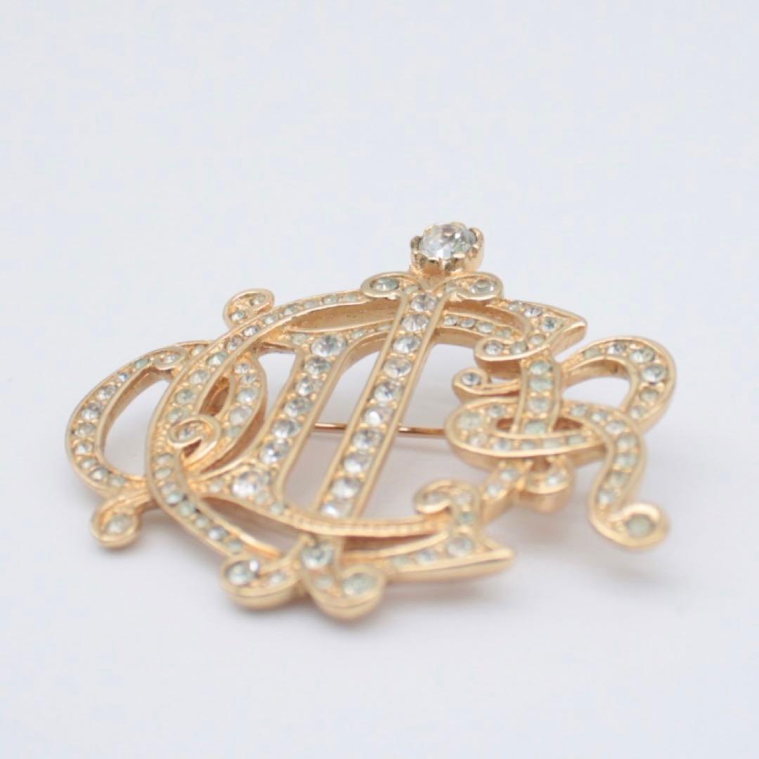 極美品 クリスチャンディオール ゴールド ブローチ エンブレム ラインストーン