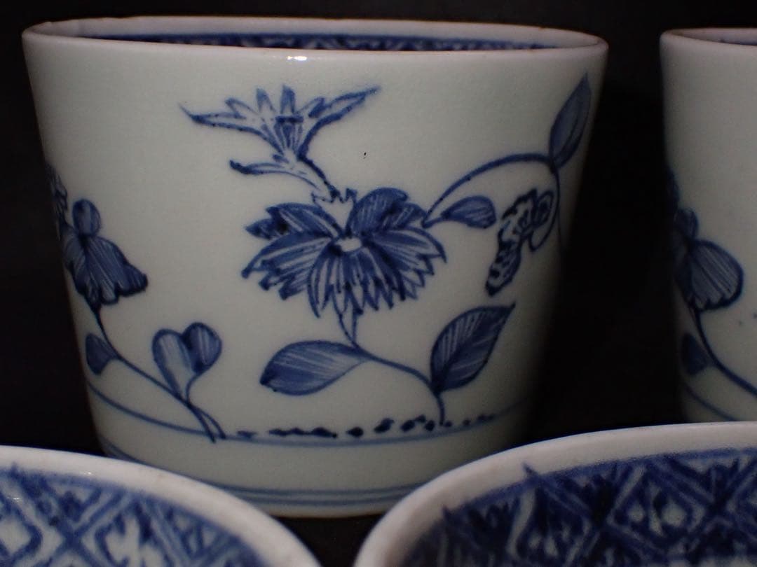 (青6)古伊万里 蕎麦猪口 そば猪口 草花の図 5ヶセット 幕末