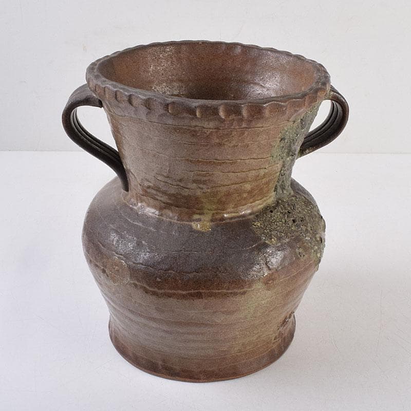 壺屋焼　爍山銘　内魚刻　双耳壷　花瓶　時代箱　M　R9056H