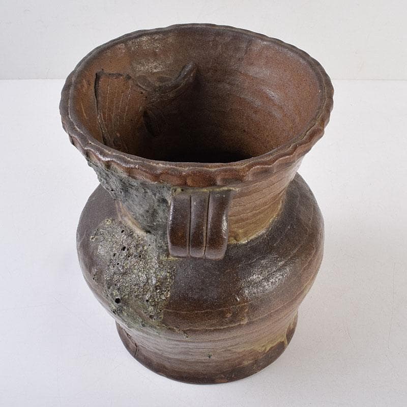 壺屋焼　爍山銘　内魚刻　双耳壷　花瓶　時代箱　M　R9056H