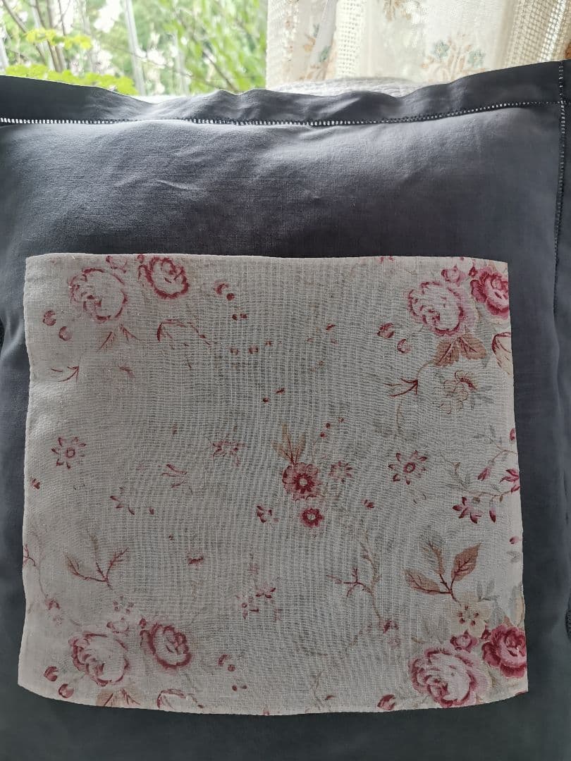 アンティーク フレンチ花柄薔薇ファブリックリネン ヘム刺繍グレークッションカバー