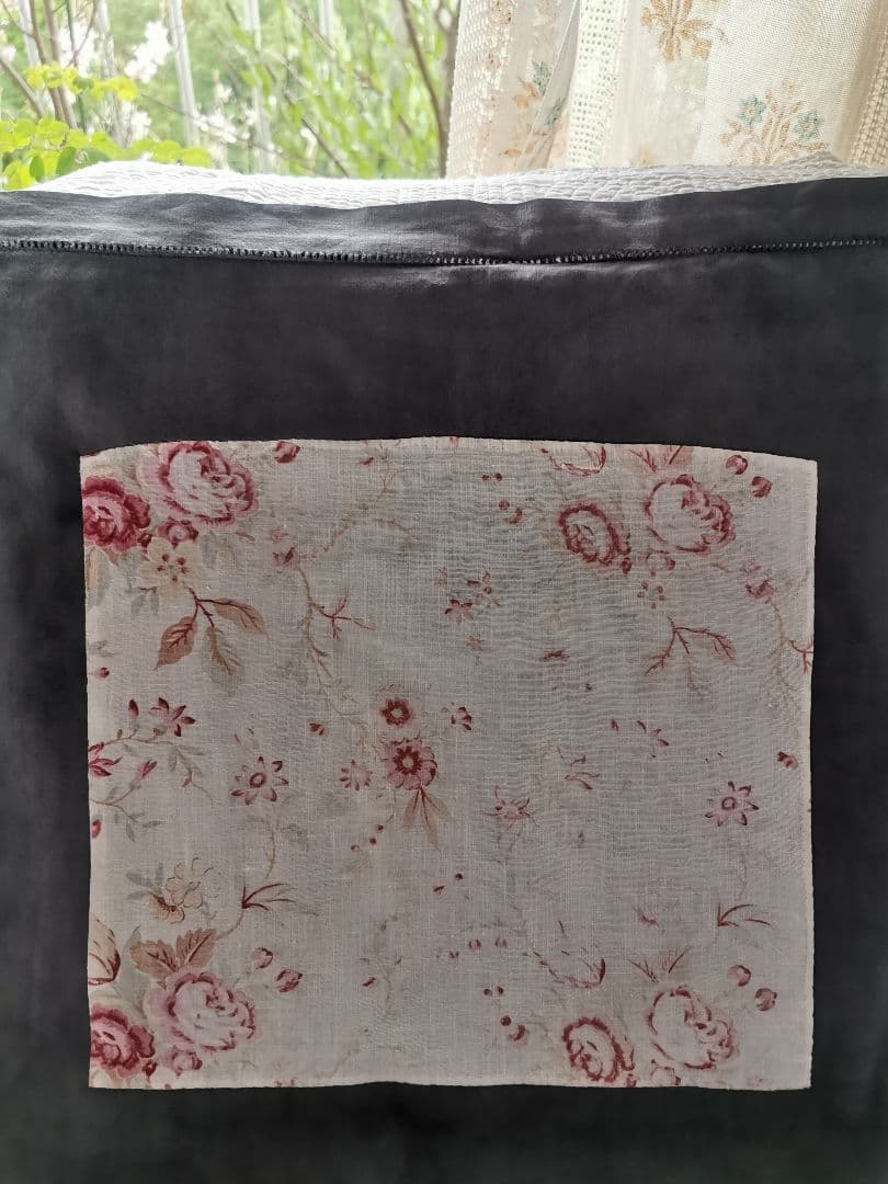 アンティーク フレンチ花柄薔薇ファブリックリネン ヘム刺繍グレークッションカバー