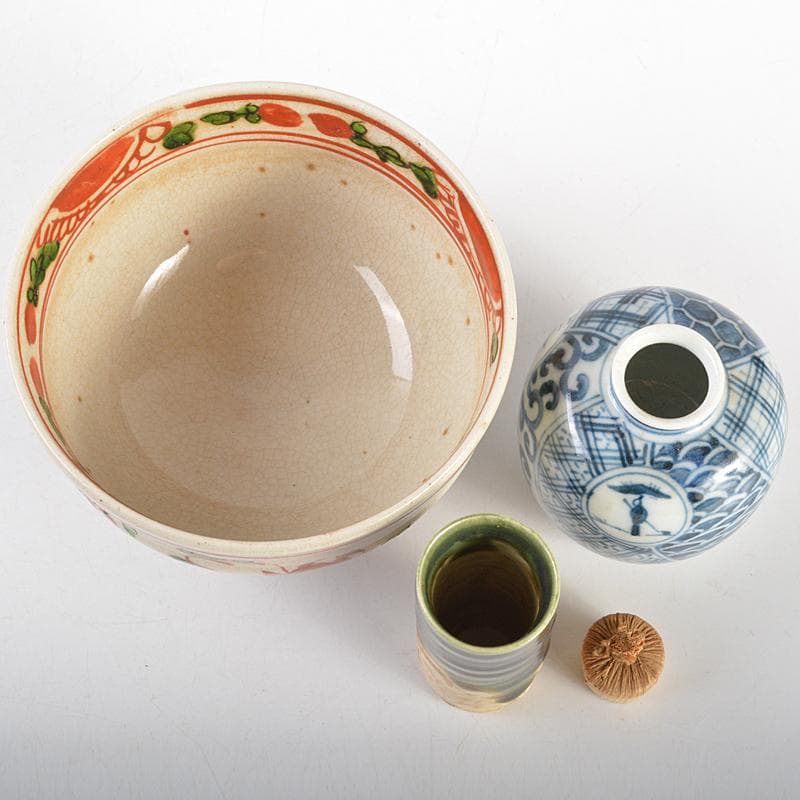 クローバー　利休茶箱赤絵竹花文茶碗棗など八点　一式　仕覆付　M　R7184