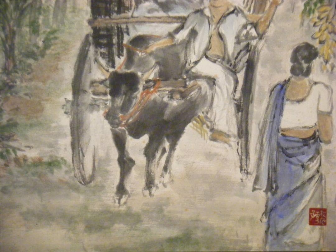 【真作】絵画　利之銘　日本画10号　牛車　逸品　S132